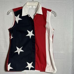 Liz Claiborne Patriotic Sleeveless Top Petite P Red White Blue USA 4th of July